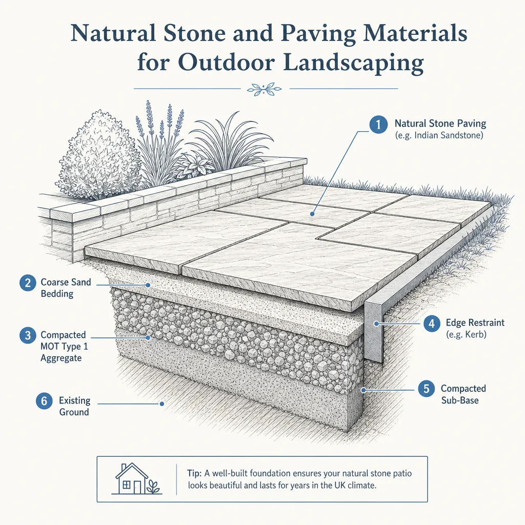 Diagram illustrating: Natural Stone and Paving Materials for Outdoor Landscaping