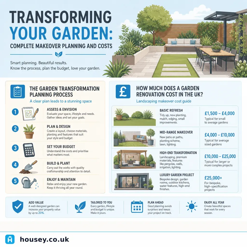Infographic illustrating: Transforming Your Garden: Complete Makeover Planning and Costs