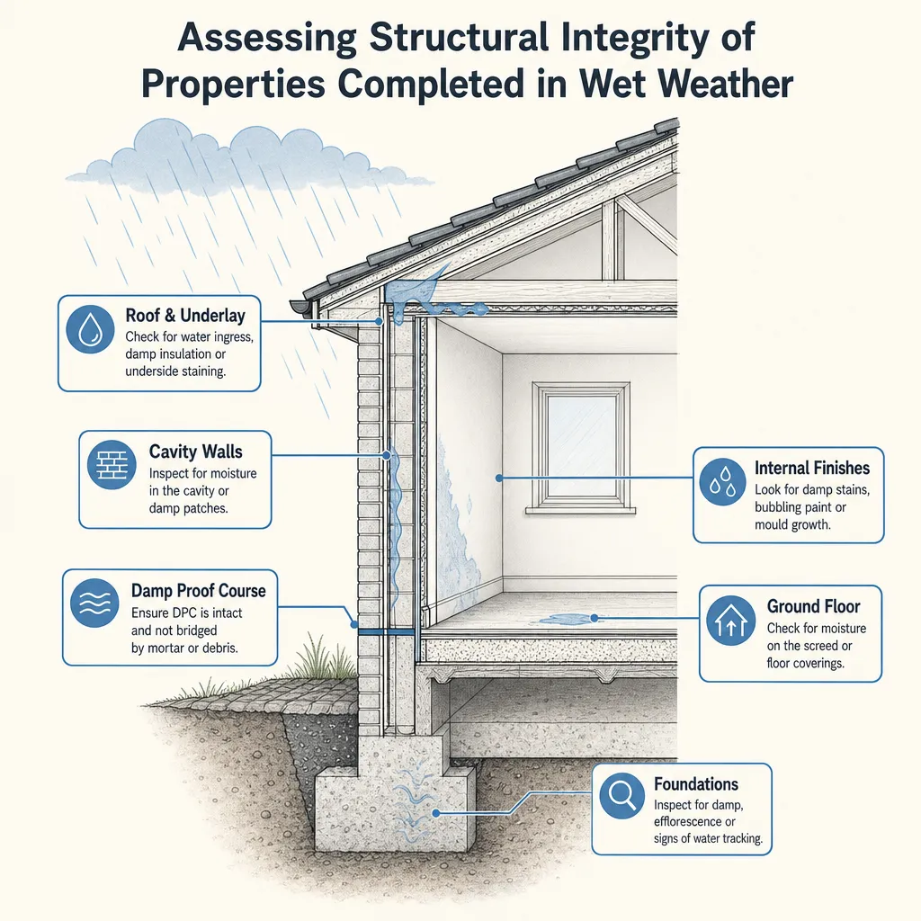 Diagram illustrating: Assessing Structural Integrity of Properties Completed in Wet Weather