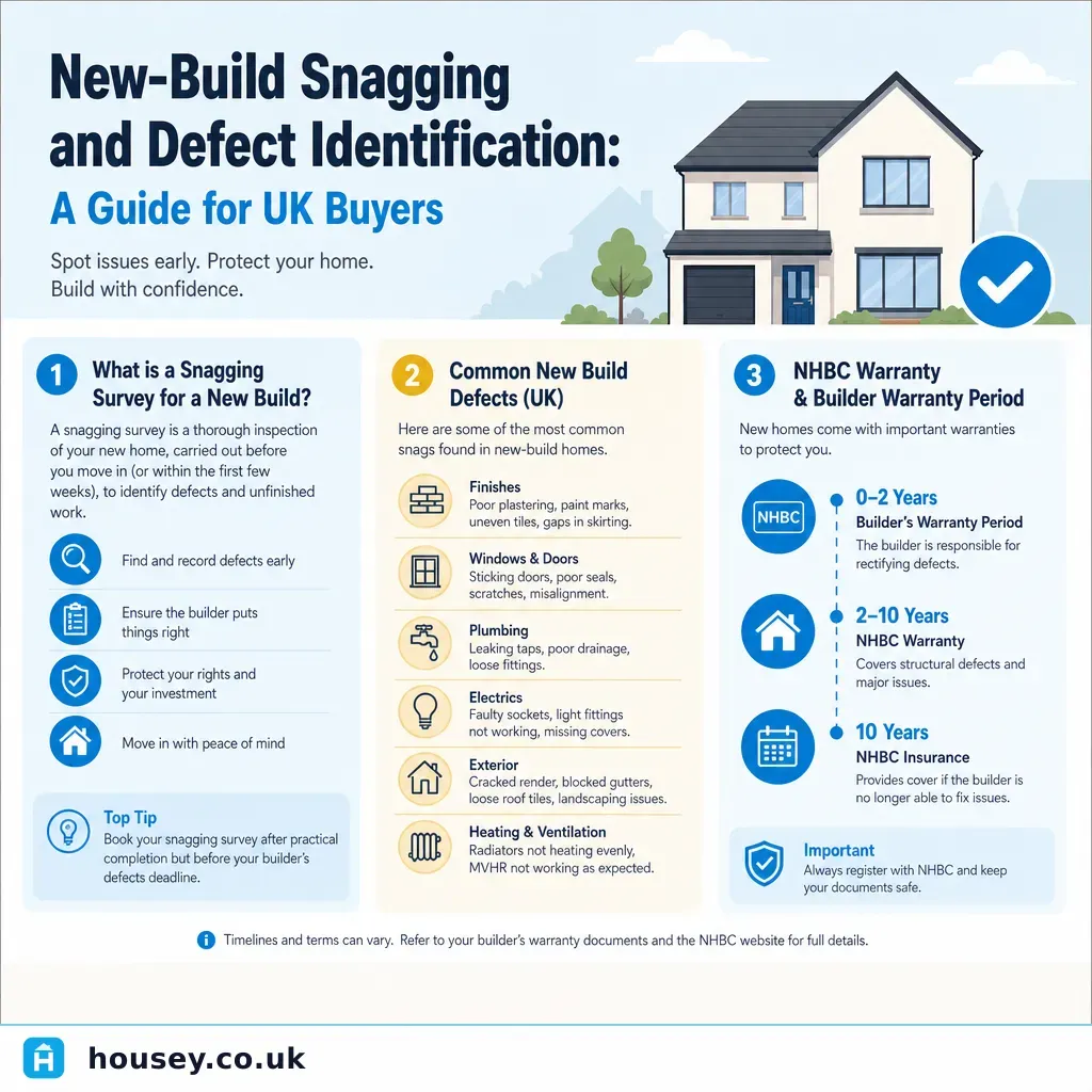 Infographic illustrating: New-Build Snagging and Defect Identification: A Guide for UK Buyers