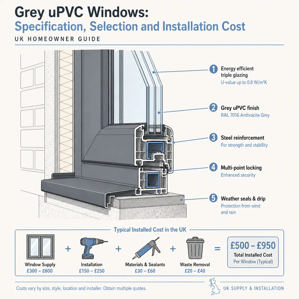 Diagram illustrating: Grey uPVC Windows: Specification, Selection and Installation Cost