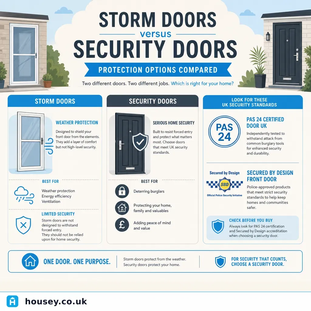 Infographic illustrating: Storm Doors versus Security Doors: Protection Options Compared