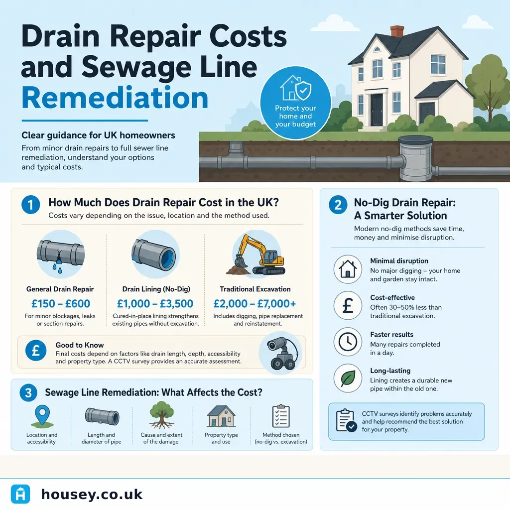 Infographic illustrating: Drain Repair Costs and Sewage Line Remediation