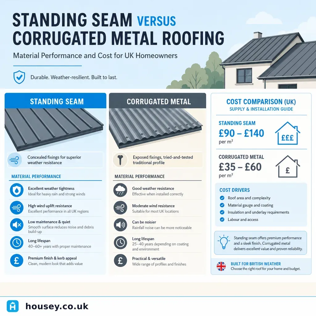 Infographic illustrating: Standing Seam versus Corrugated Metal Roofing: Material Performance and Cost