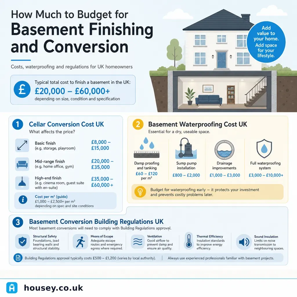 Infographic illustrating: How Much to Budget for Basement Finishing and Conversion