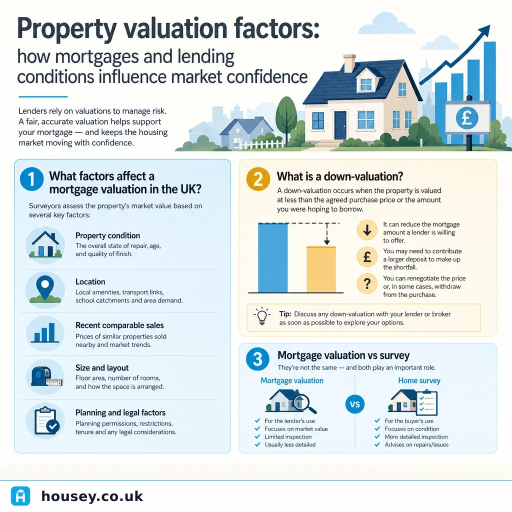 Infographic illustrating: Property valuation factors: how mortgages and lending conditions influence market confidence