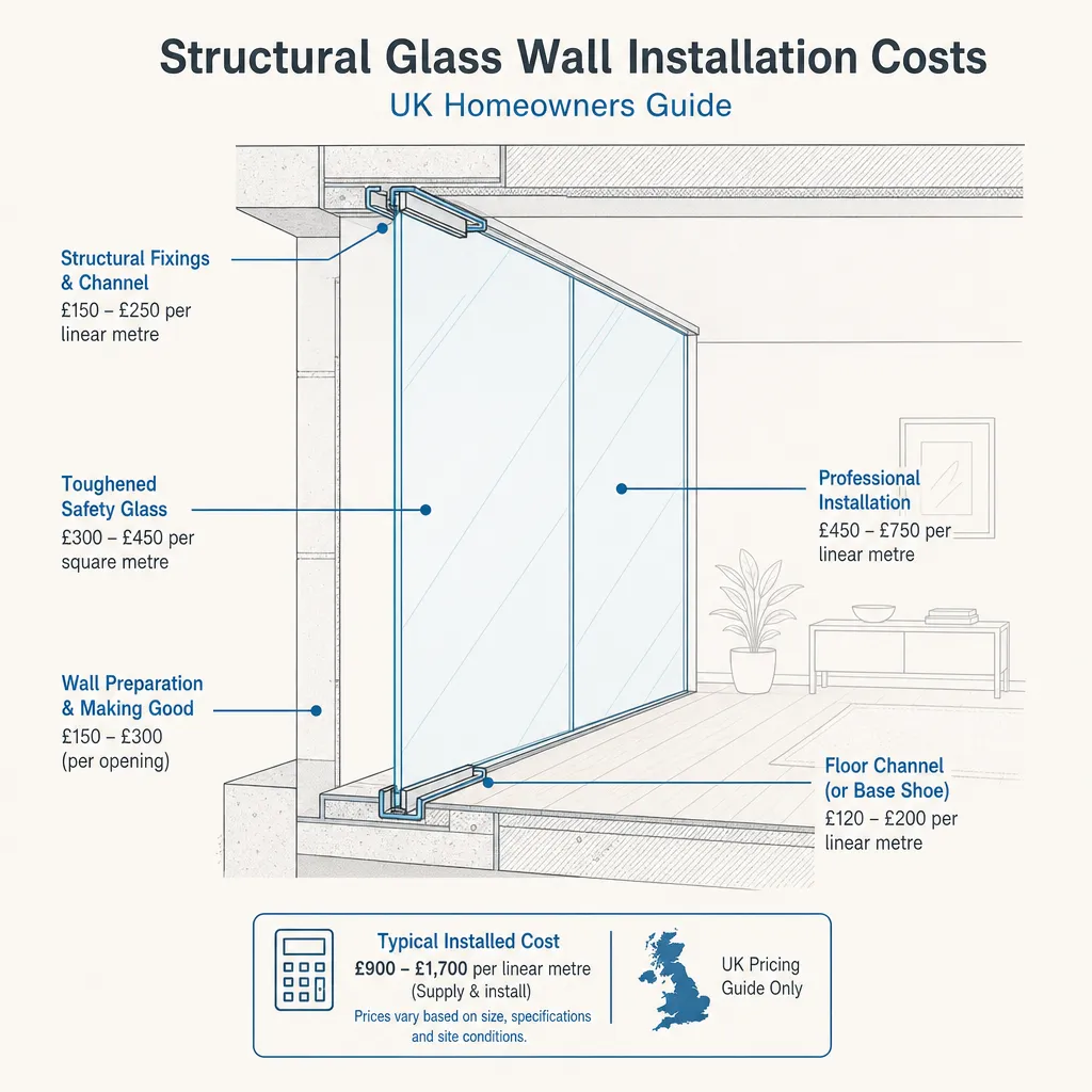 Diagram illustrating: Structural Glass Wall Installation Costs