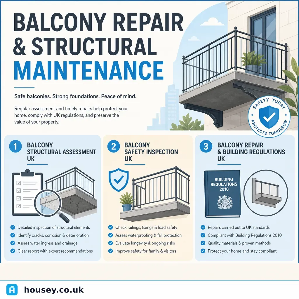 Infographic illustrating: Balcony Repair and Structural Maintenance