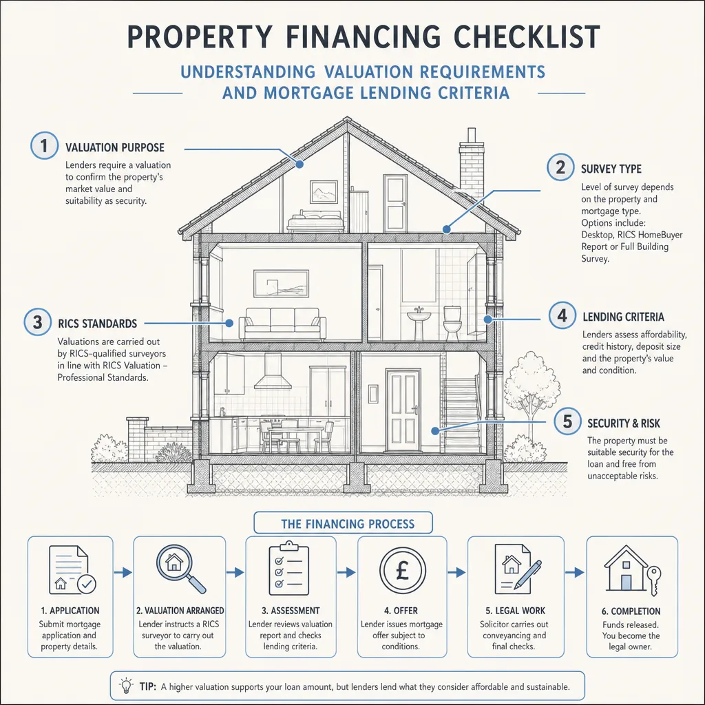 Diagram illustrating: Property financing checklist: understanding valuation requirements and mortgage lending criteria