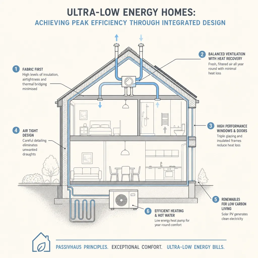 Diagram illustrating: Ultra-Low Energy Homes: Achieving Peak Efficiency Through Integrated Design