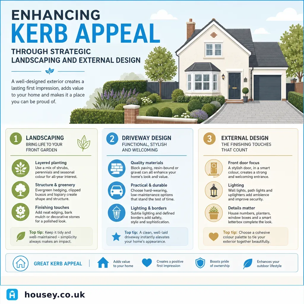 Infographic illustrating: Enhancing Kerb Appeal Through Strategic Landscaping and External Design