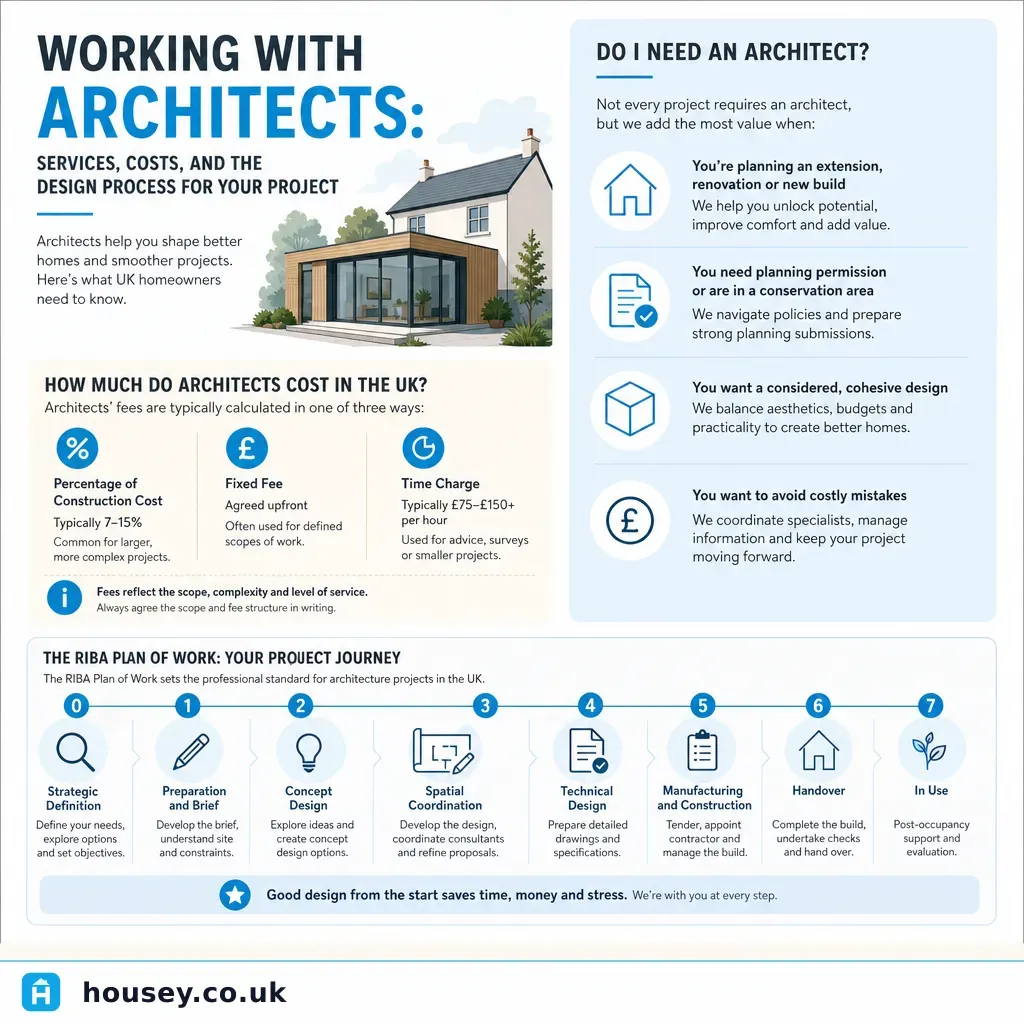 Infographic illustrating: Working with Architects: Services, Costs, and the Design Process for Your Project