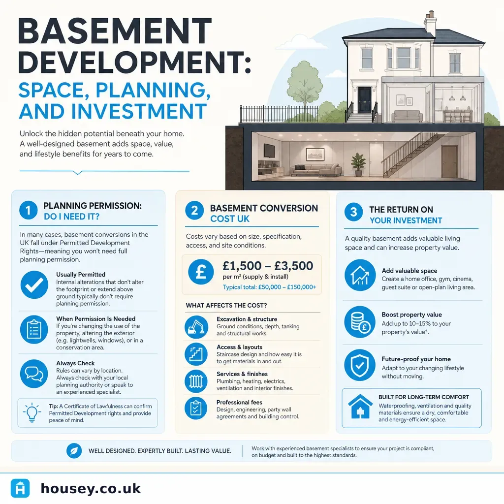 Infographic illustrating: Basement Development: Space, Planning, and Investment