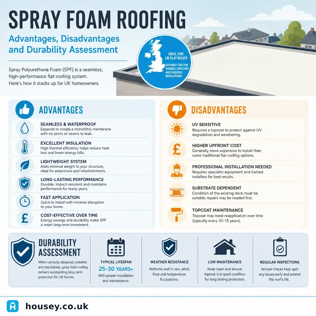Infographic illustrating: Spray foam roofing: advantages, disadvantages and durability assessment