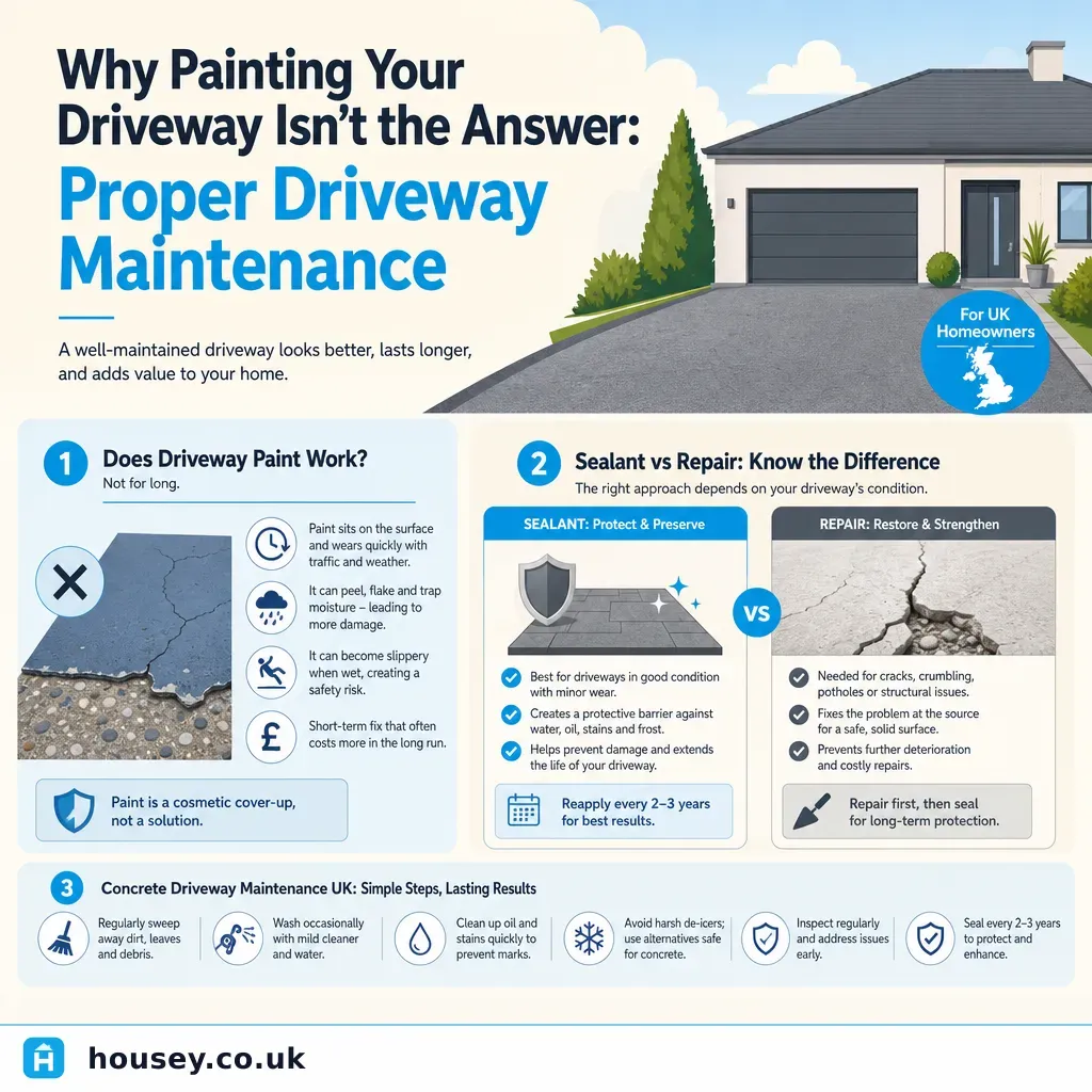 Infographic illustrating: Why Painting Your Driveway Isn't the Answer: Proper Driveway Maintenance
