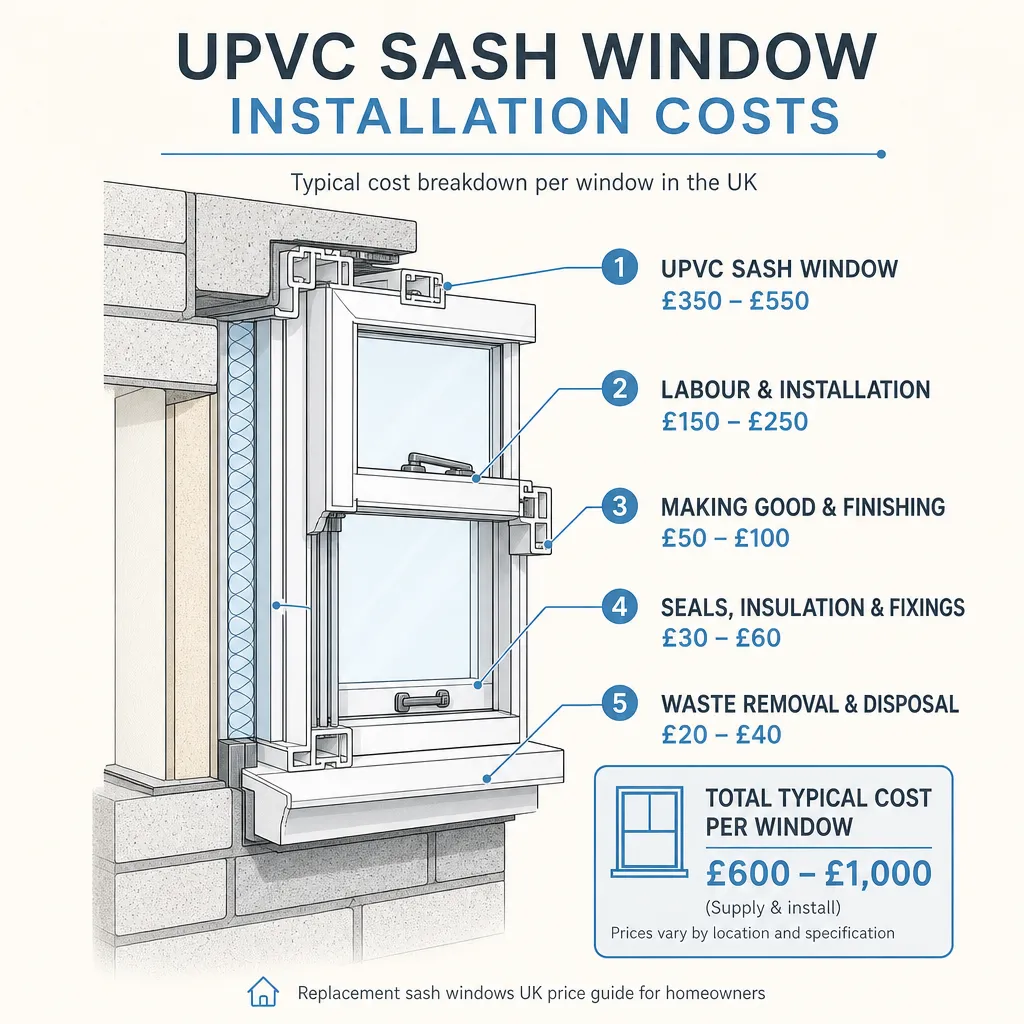 Diagram illustrating: UPVC Sash Window Installation Costs