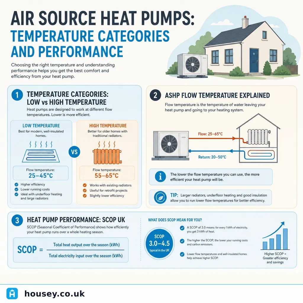 Infographic illustrating: Air Source Heat Pumps: Temperature Categories and Performance