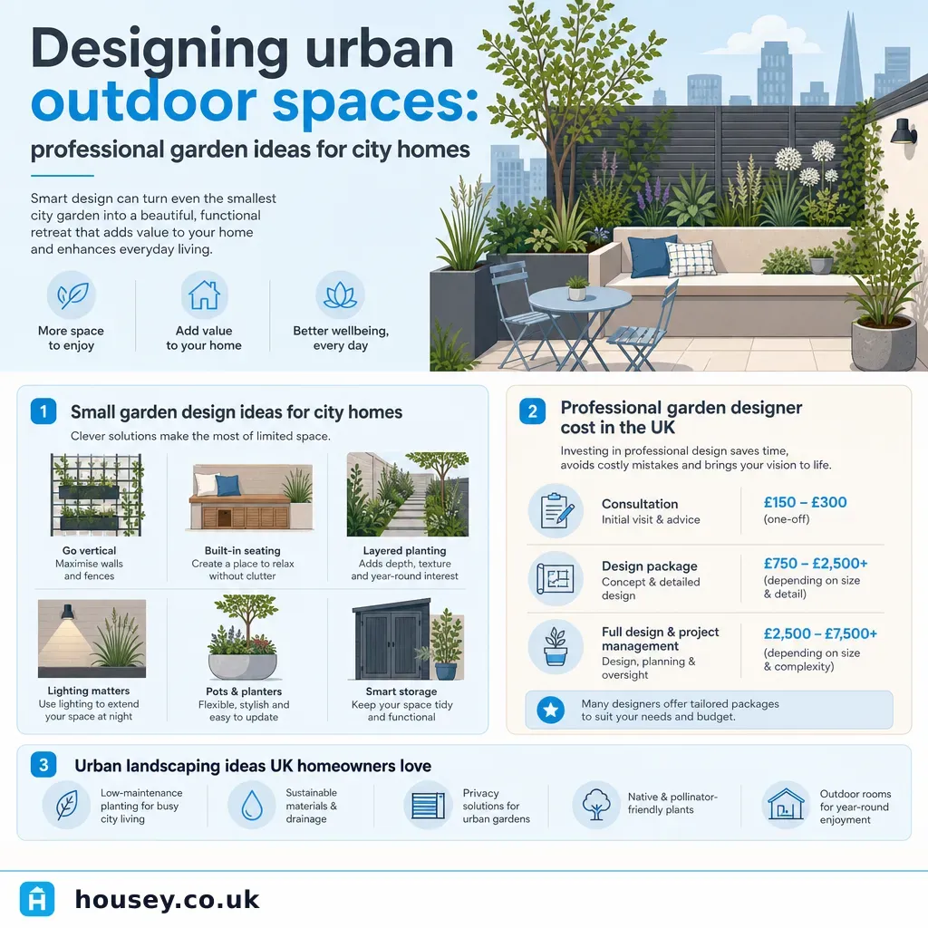 Infographic illustrating: Designing urban outdoor spaces: professional garden ideas for city homes