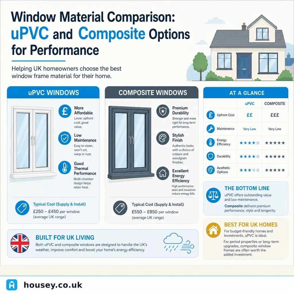Infographic illustrating: Window Material Comparison: uPVC and Composite Options for Performance