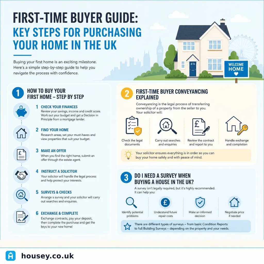 Infographic illustrating: First-Time Buyer Guide: Key Steps for Purchasing Your Home in the UK