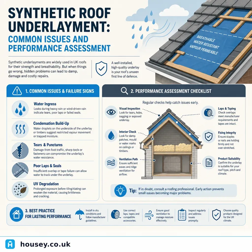 Infographic illustrating: Synthetic Roof Underlayment: Common Issues and Performance Assessment