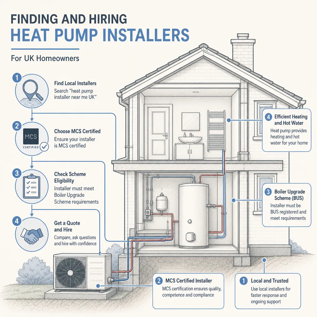 Diagram illustrating: Finding and Hiring Heat Pump Installers