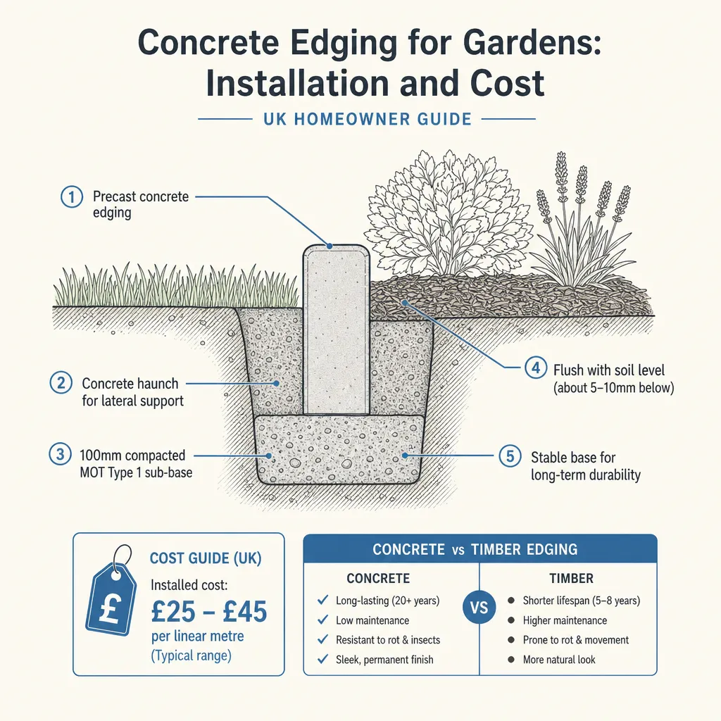 Diagram illustrating: Concrete Edging for Gardens: Installation and Cost