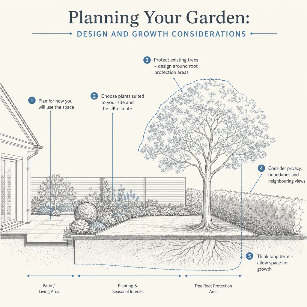 Diagram illustrating: Planning Your Garden: Design and Growth Considerations