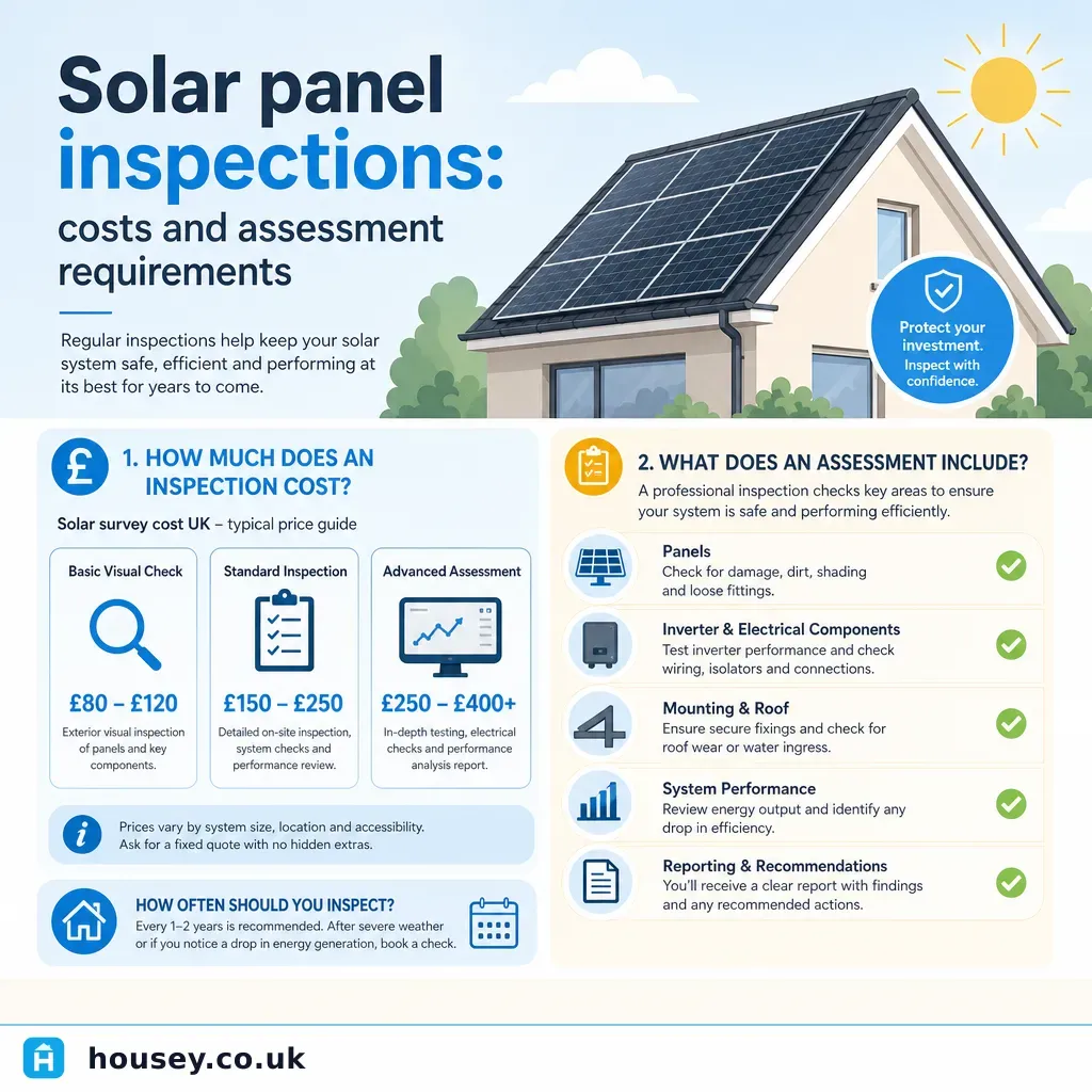Infographic illustrating: Solar panel inspections: costs and assessment requirements