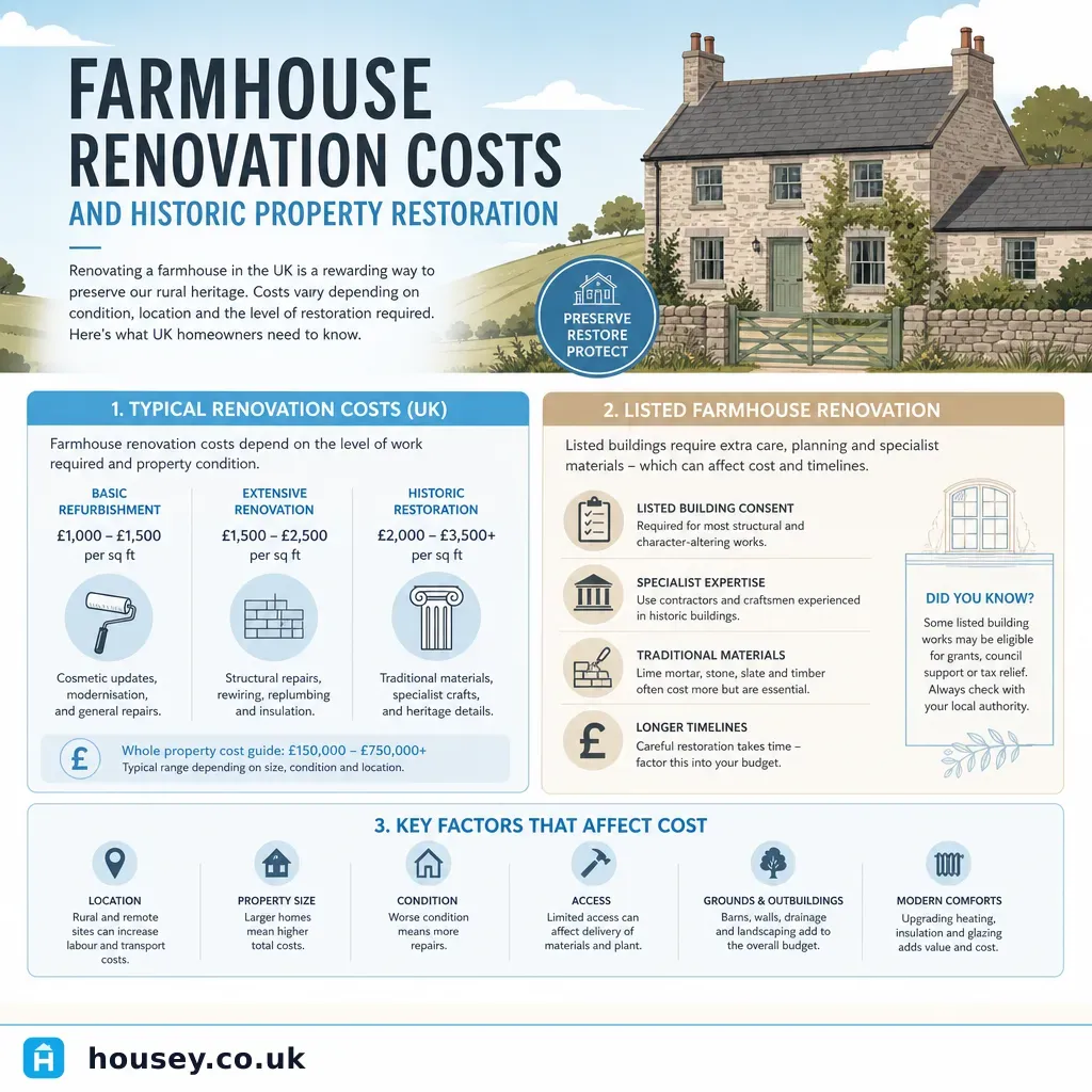 Infographic illustrating: Farmhouse Renovation Costs and Historic Property Restoration