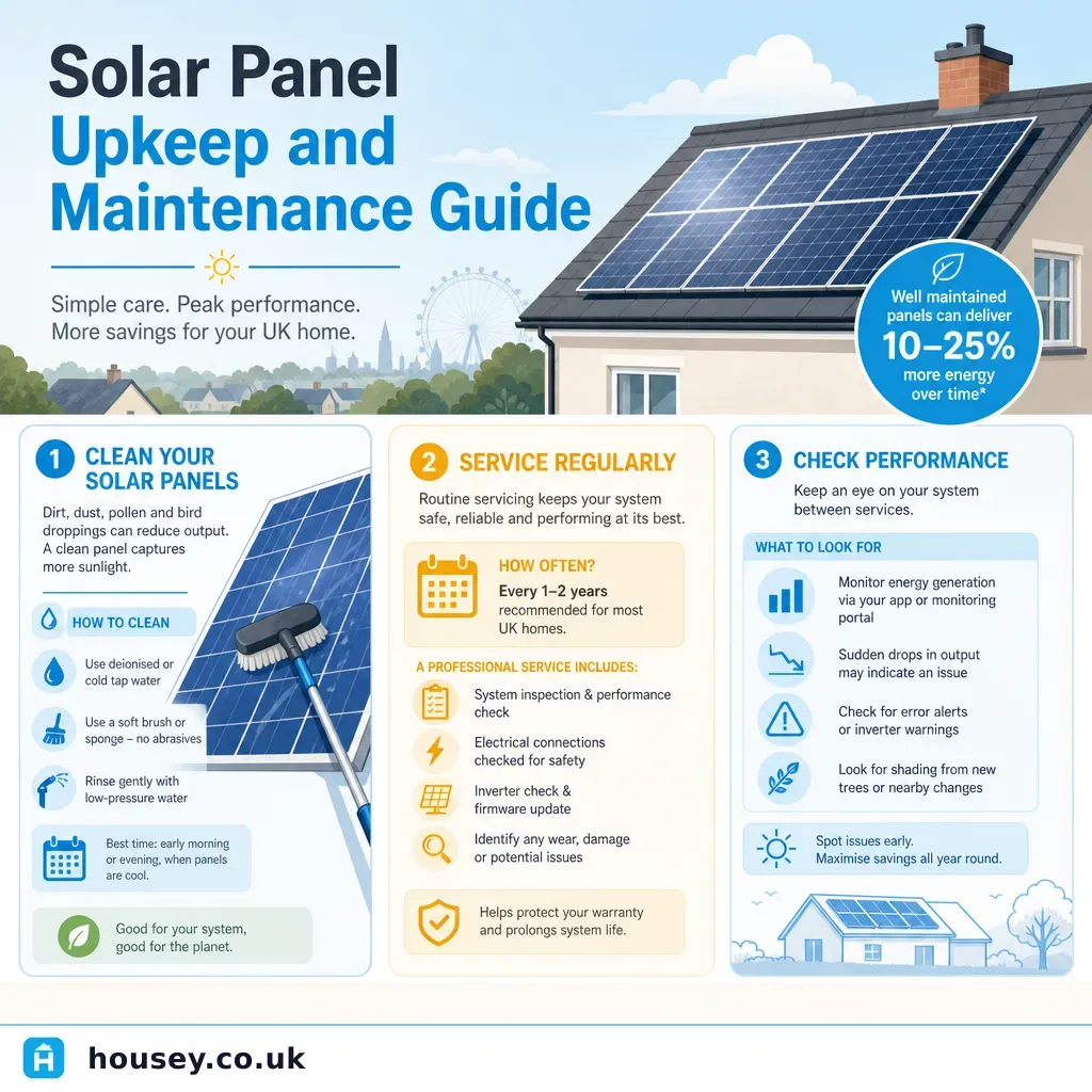 Infographic illustrating: Solar Panel Upkeep and Maintenance Guide