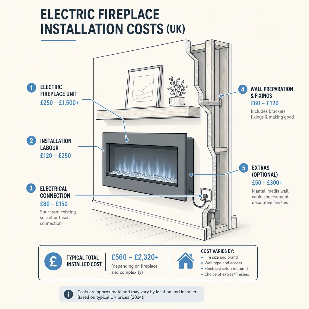 Diagram illustrating: Electric Fireplace Installation Costs