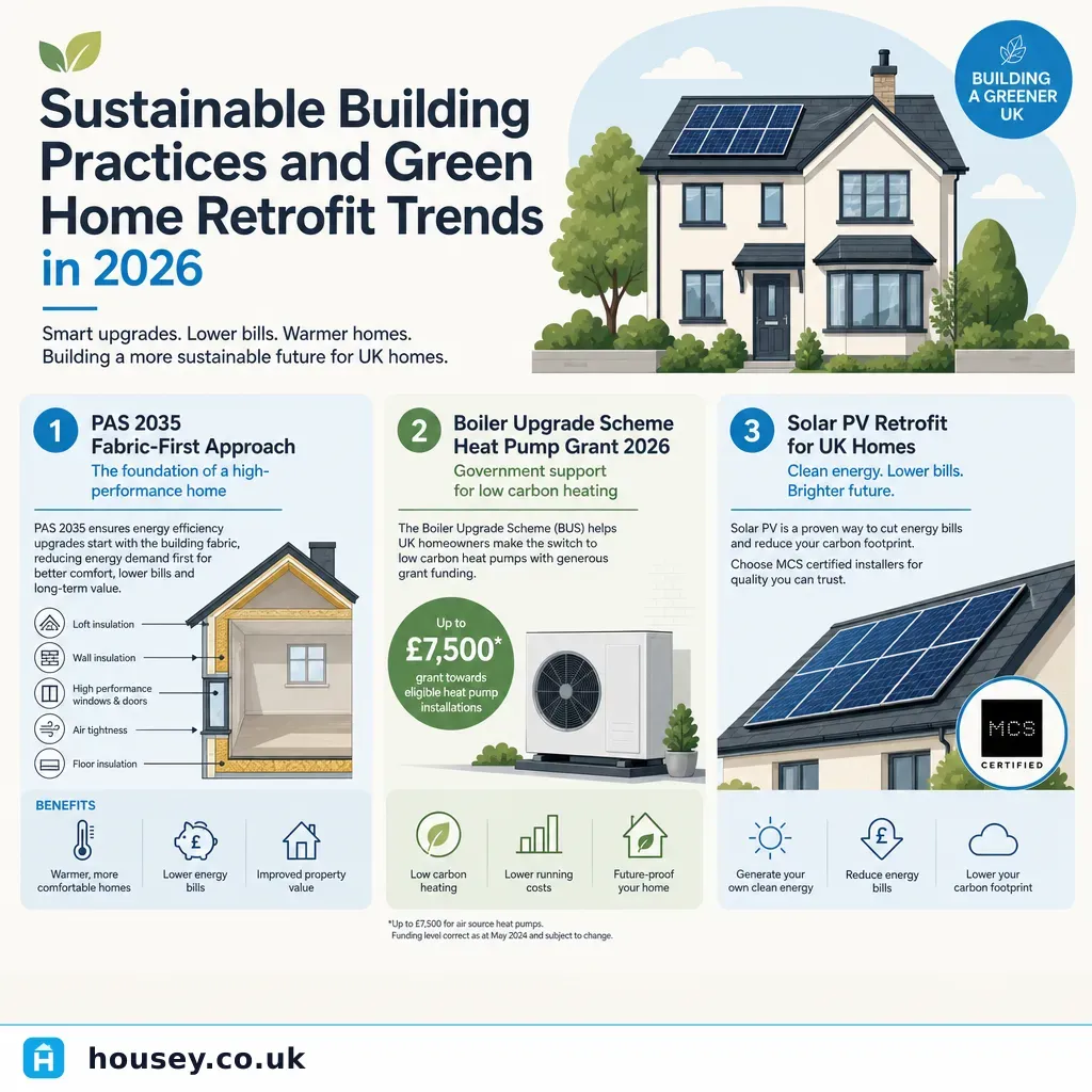 Infographic illustrating: Sustainable Building Practices and Green Home Retrofit Trends in 2026