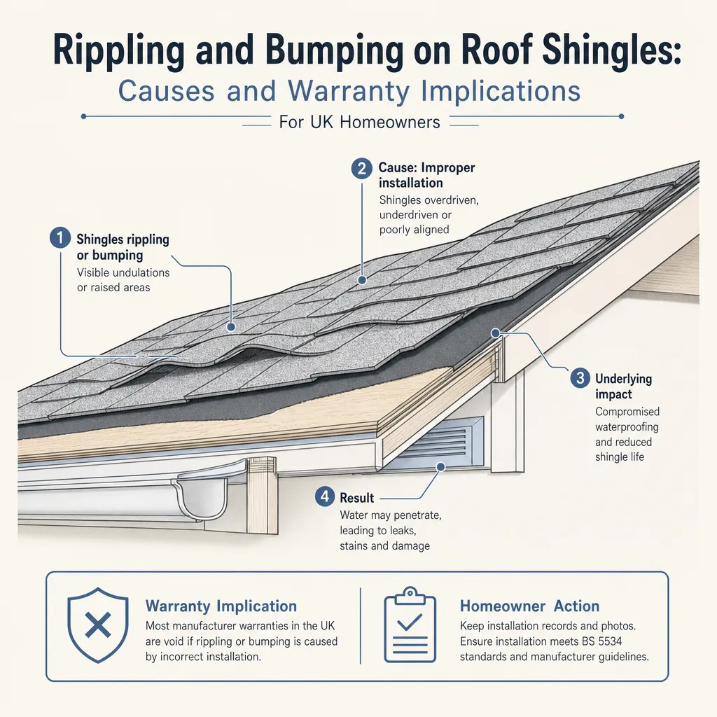 Diagram illustrating: Rippling and Bumping on Roof Shingles: Causes and Warranty Implications