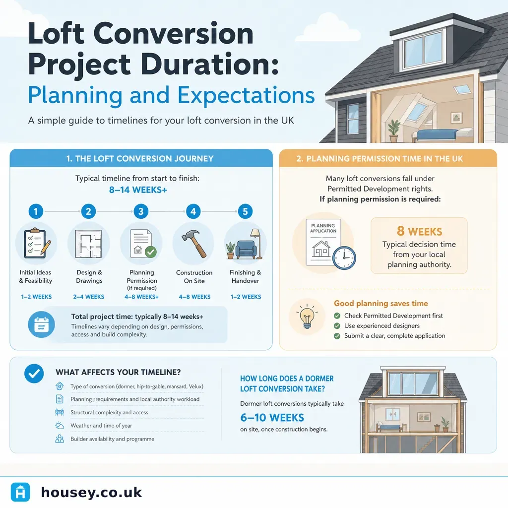 Infographic illustrating: Loft Conversion Project Duration: Planning and Expectations