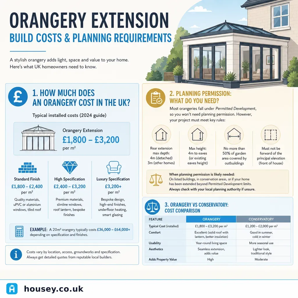 Infographic illustrating: Orangery Extension Build Costs and Planning Requirements