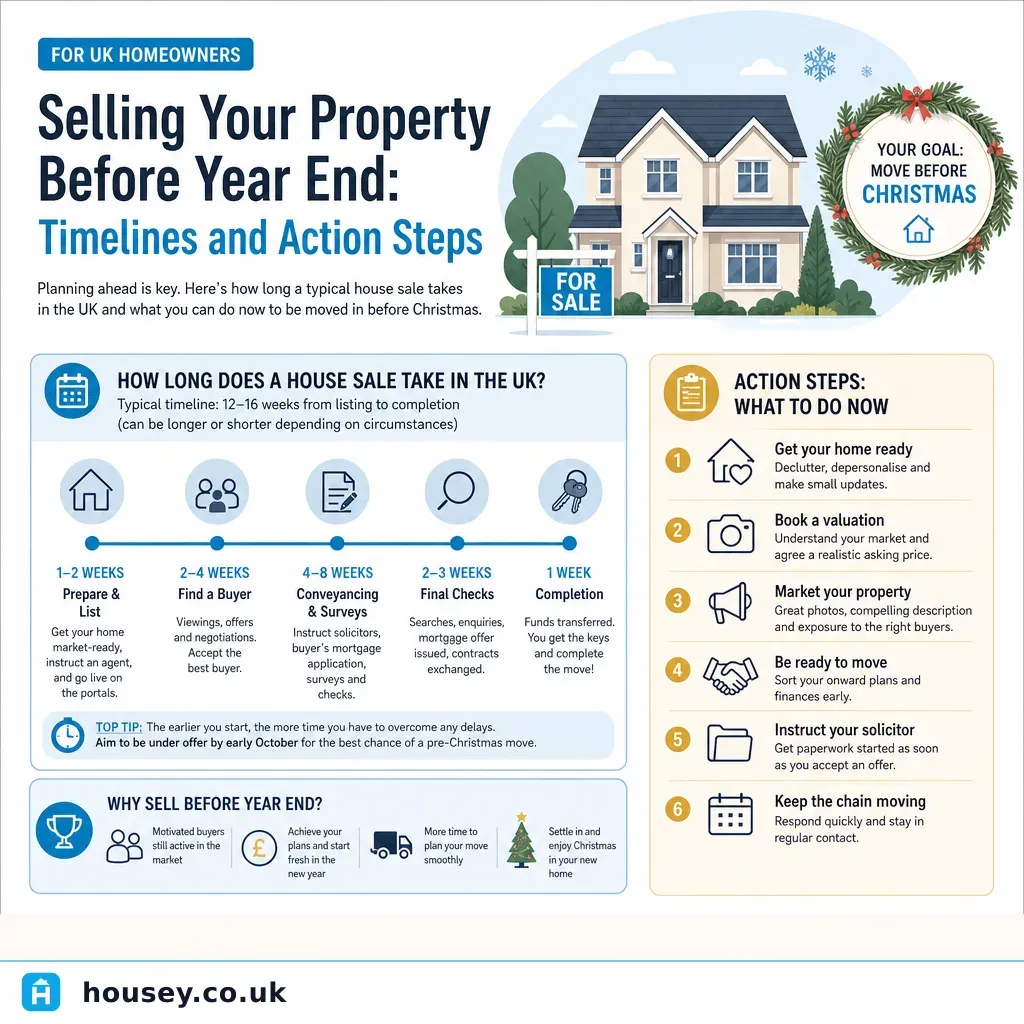 Infographic illustrating: Selling Your Property Before Year End: Timelines and Action Steps