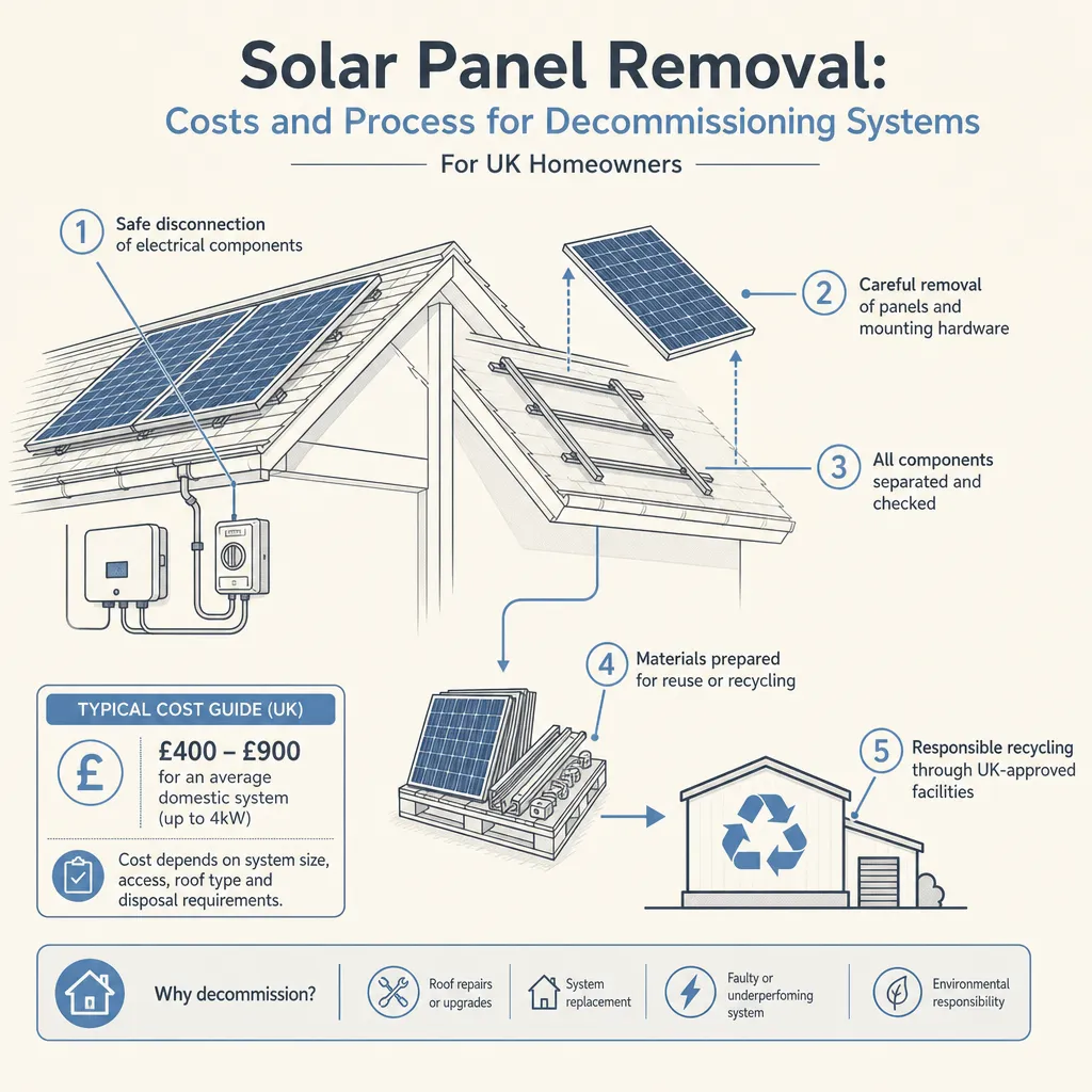Diagram illustrating: Solar panel removal: costs and process for decommissioning systems