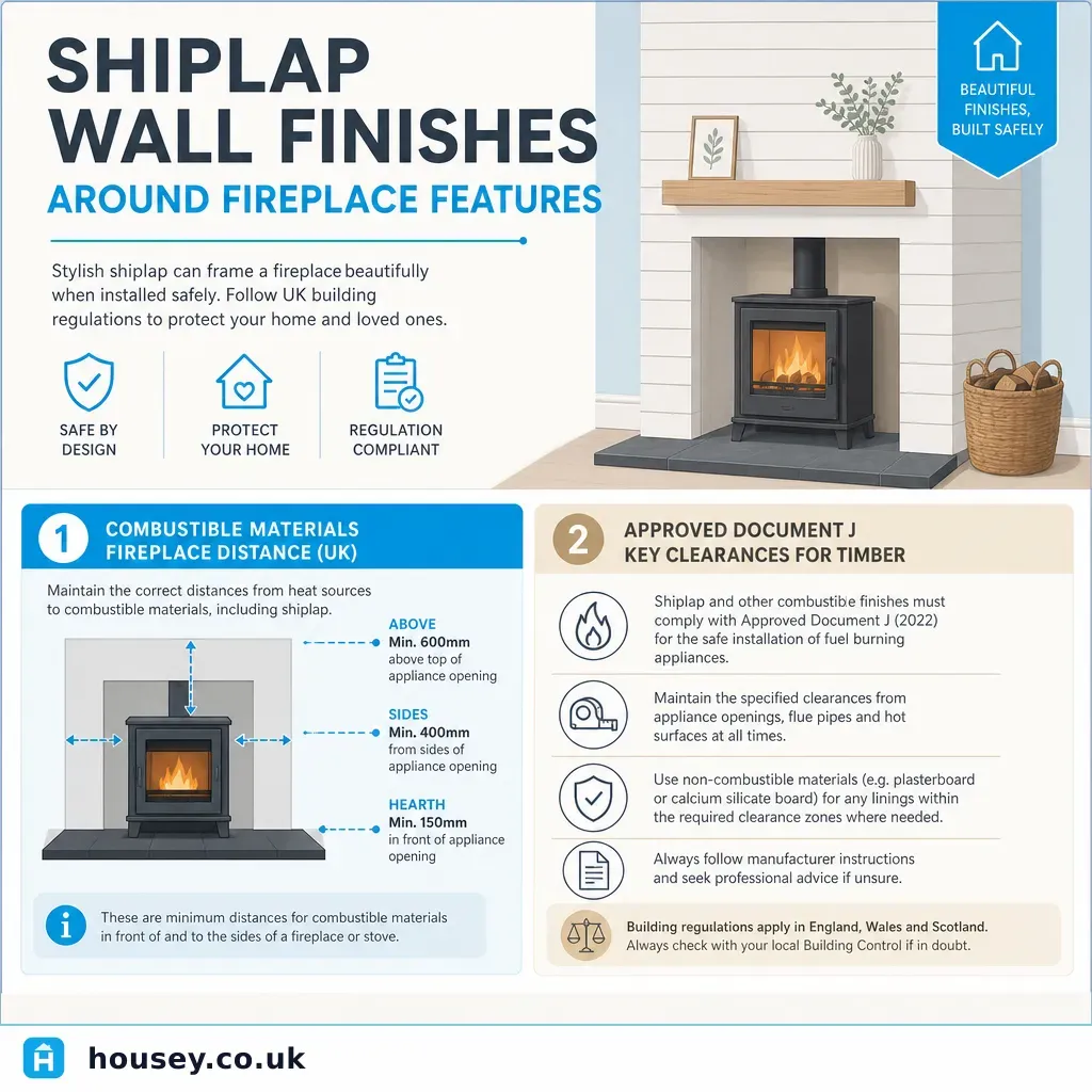 Infographic illustrating: Shiplap Wall Finishes Around Fireplace Features
