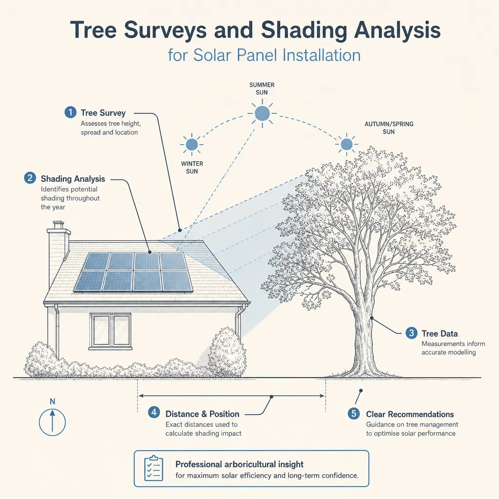Diagram illustrating: Tree Surveys and Shading Analysis for Solar Panel Installation