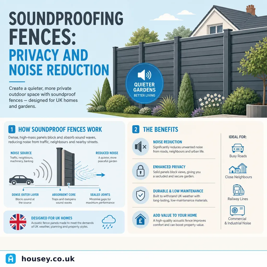 Infographic illustrating: Soundproofing Fences: Privacy and Noise Reduction