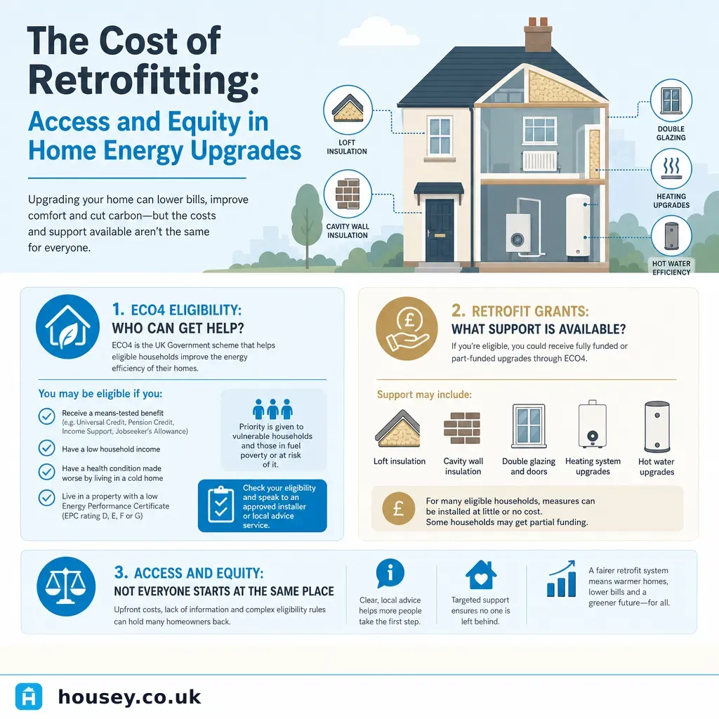 Infographic illustrating: The Cost of Retrofitting: Access and Equity in Home Energy Upgrades