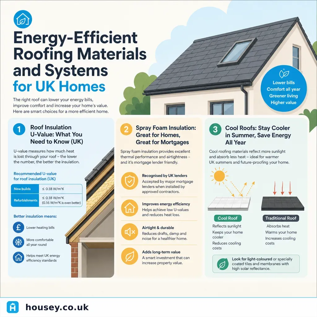 Infographic illustrating: Energy-Efficient Roofing Materials and Systems for UK Homes