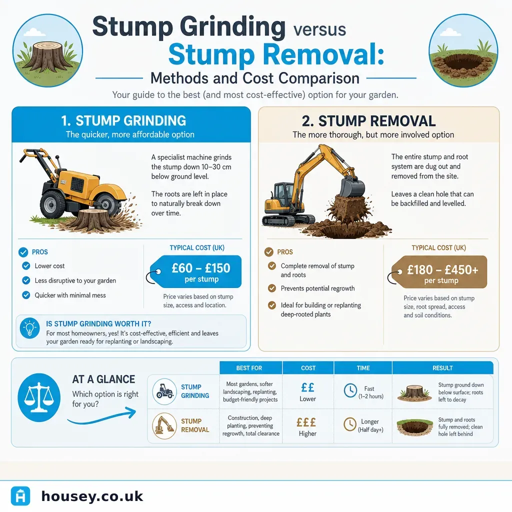 Infographic illustrating: Stump Grinding versus Stump Removal: Methods and Cost Comparison
