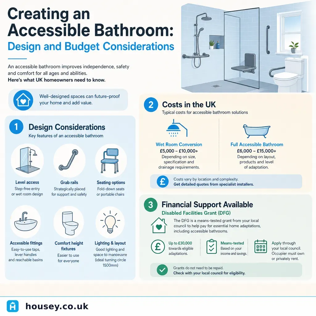 Infographic illustrating: Creating an Accessible Bathroom: Design and Budget Considerations