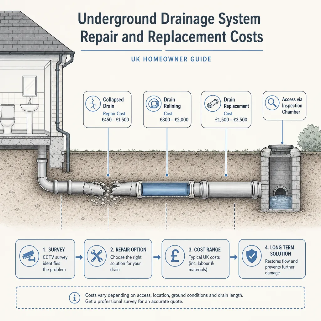 Diagram illustrating: Underground Drainage System Repair and Replacement Costs