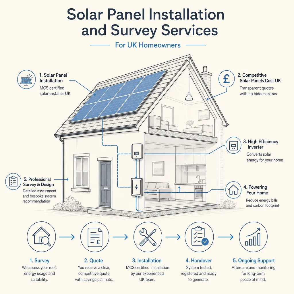 Diagram illustrating: Solar Panel Installation and Survey Services