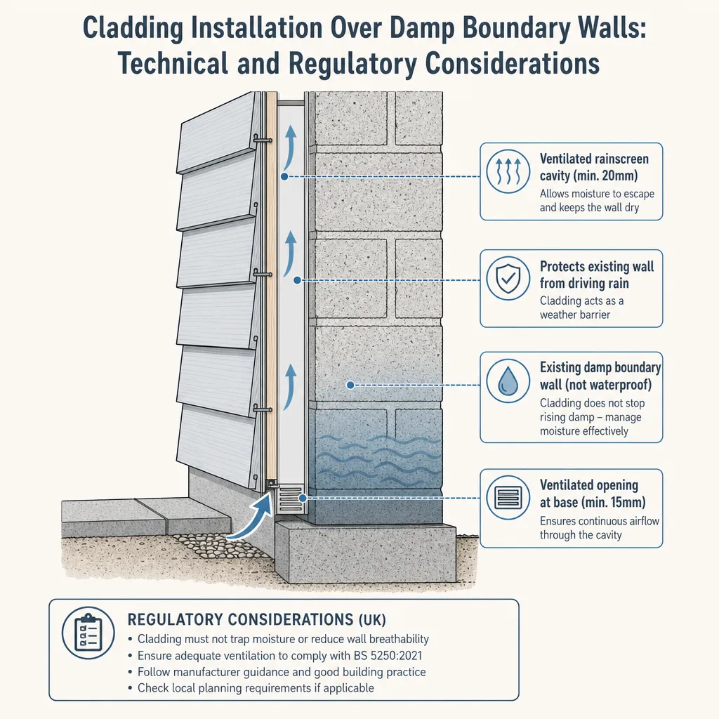 Diagram illustrating: Cladding Installation Over Damp Boundary Walls: Technical and Regulatory Considerations