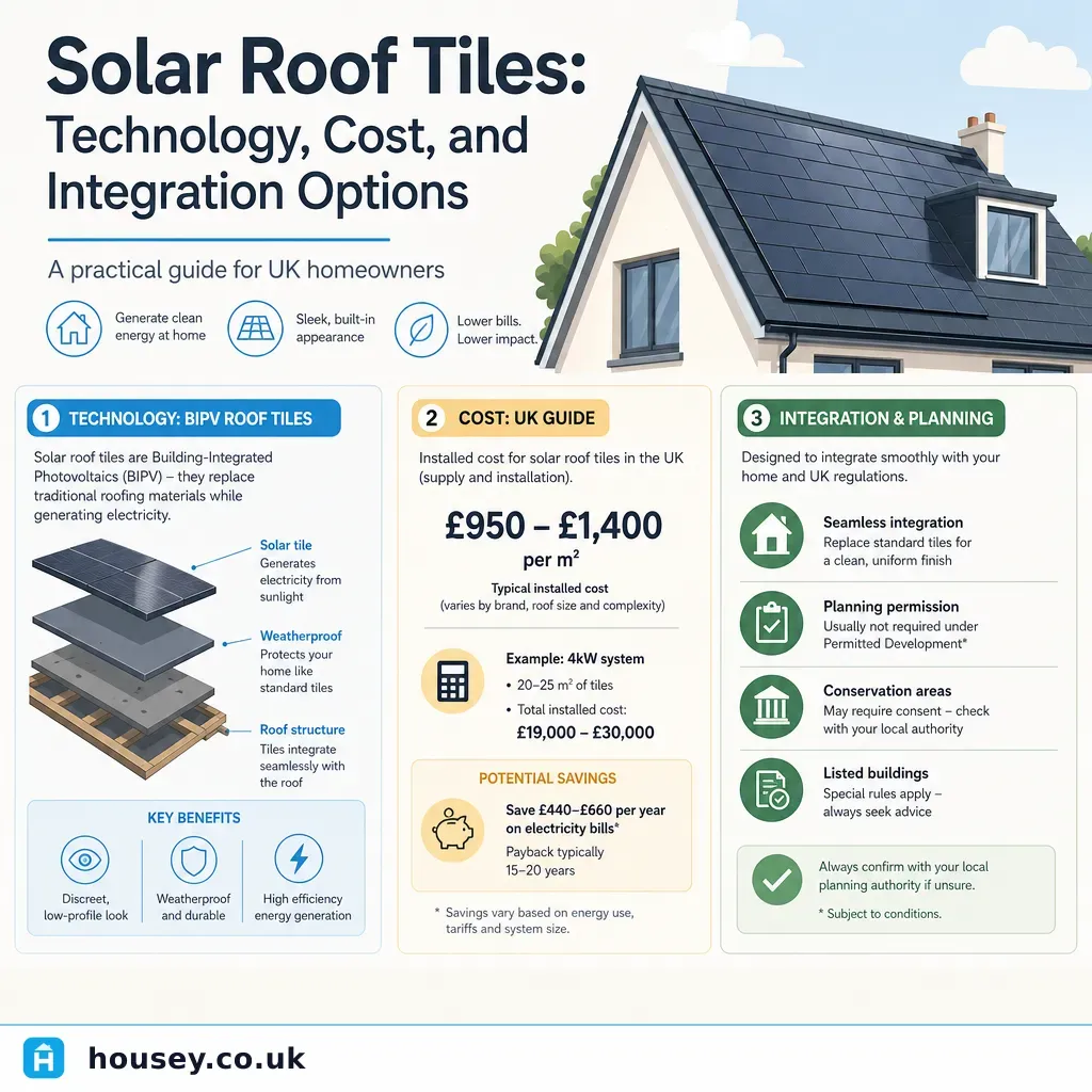 Infographic illustrating: Solar Roof Tiles: Technology, Cost, and Integration Options