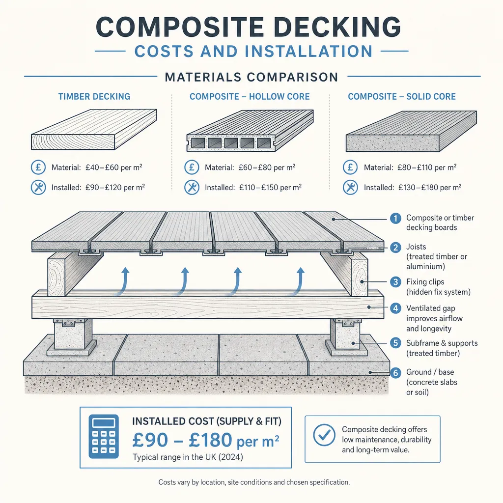 Diagram illustrating: Composite Decking Costs and Installation: Materials Comparison
